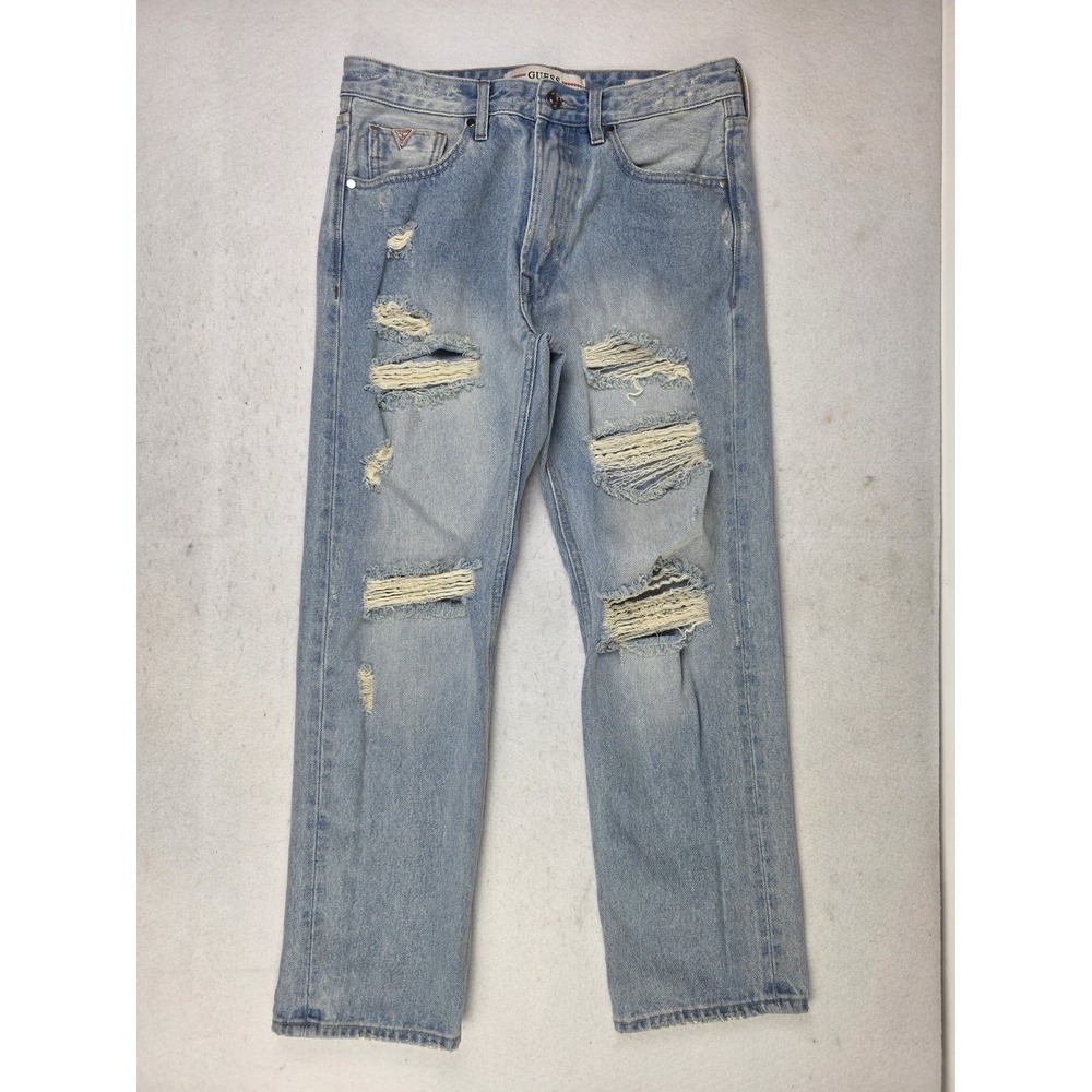 Guess Jeans Distressed Ripped Light Wash Blue Denim Relaxed Crop Mens Size 29